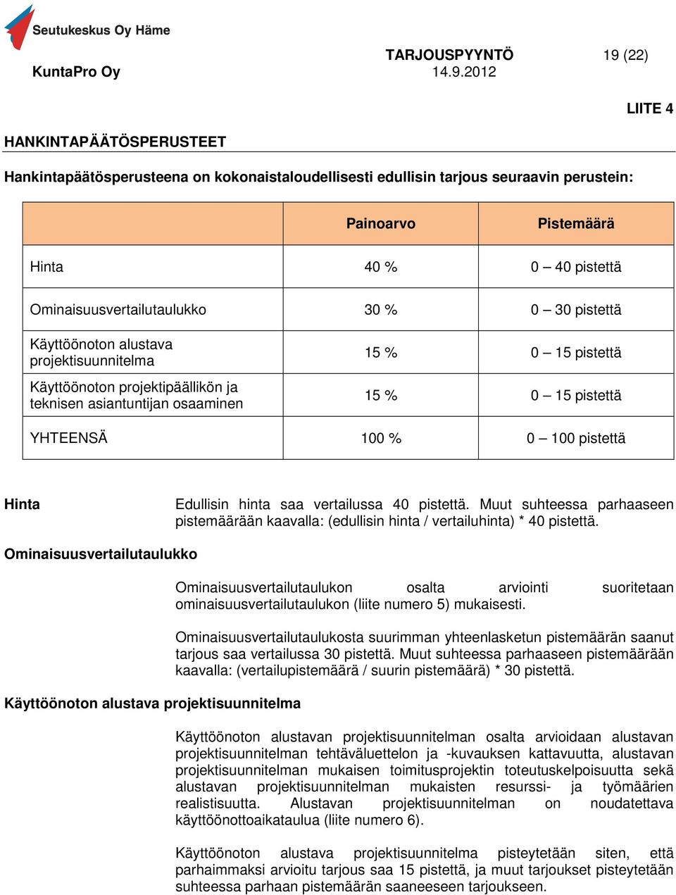 YHTEENSÄ 100 % 0 100 pistettä Hinta Edullisin hinta saa vertailussa 40 pistettä. Muut suhteessa parhaaseen pistemäärään kaavalla: (edullisin hinta / vertailuhinta) * 40 pistettä.