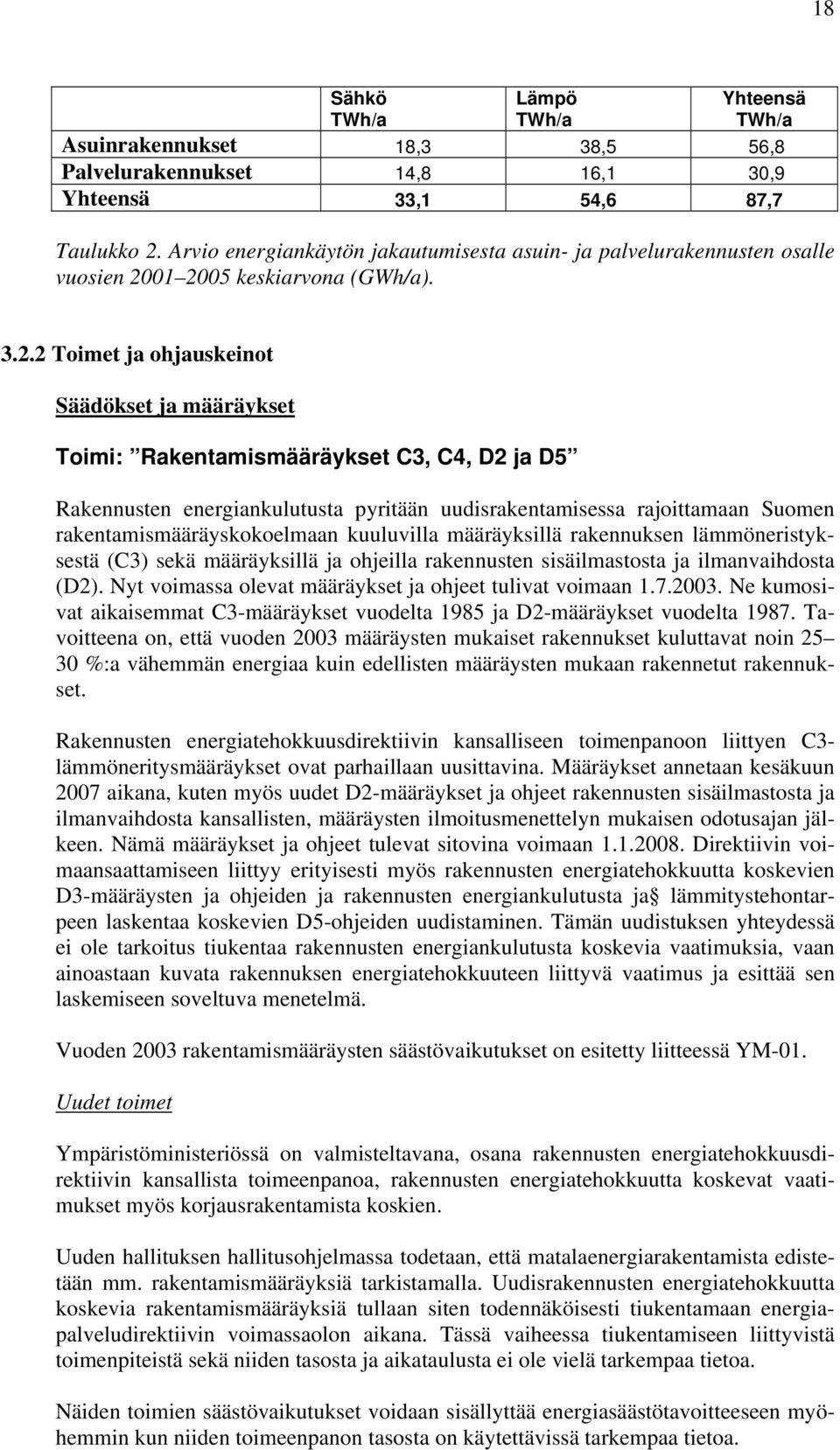 01 2005 keskiarvona (GWh/a). 3.2.2 Toimet ja ohjauskeinot Säädökset ja määräykset Toimi: Rakentamismääräykset C3, C4, D2 ja D5 Rakennusten energiankulutusta pyritään uudisrakentamisessa rajoittamaan