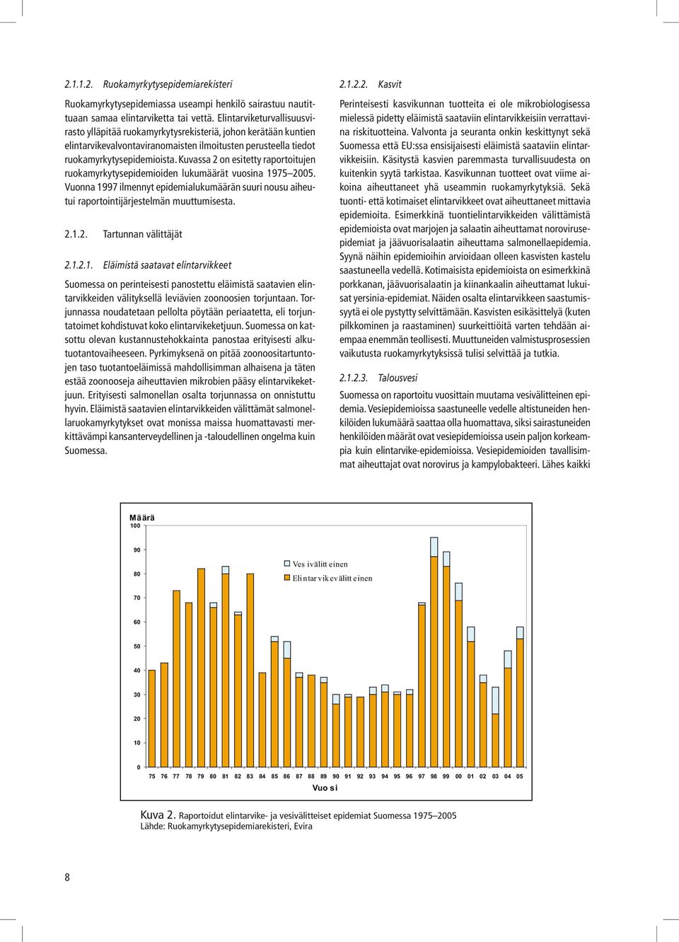 Kuvassa 2onesitetty raportoitujen ruokamyrkytysepidemioiden lukumäärät vuosina 1975 2005. Vuonna 1997 ilmennyt epidemialukumäärän suuri nousu aiheutui raportointijärjestelmän muuttumisesta. 2.1.2. Tartunnan välittäjät 2.