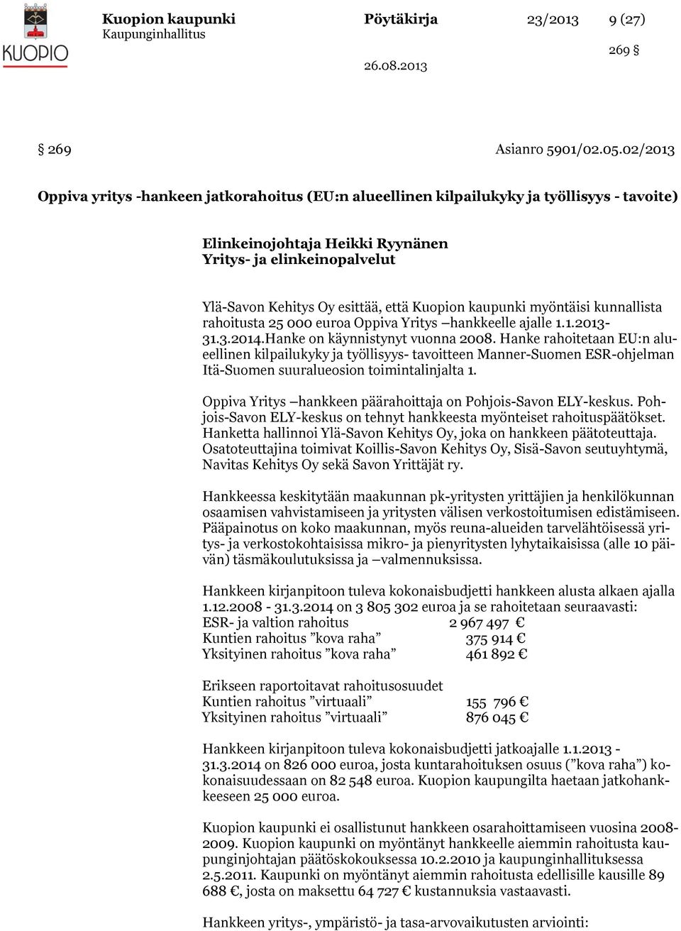 Kuopion kaupunki myöntäisi kunnallista rahoitusta 25 000 euroa Oppiva Yritys hankkeelle ajalle 1.1.2013-31.3.2014.Hanke on käynnistynyt vuonna 2008.