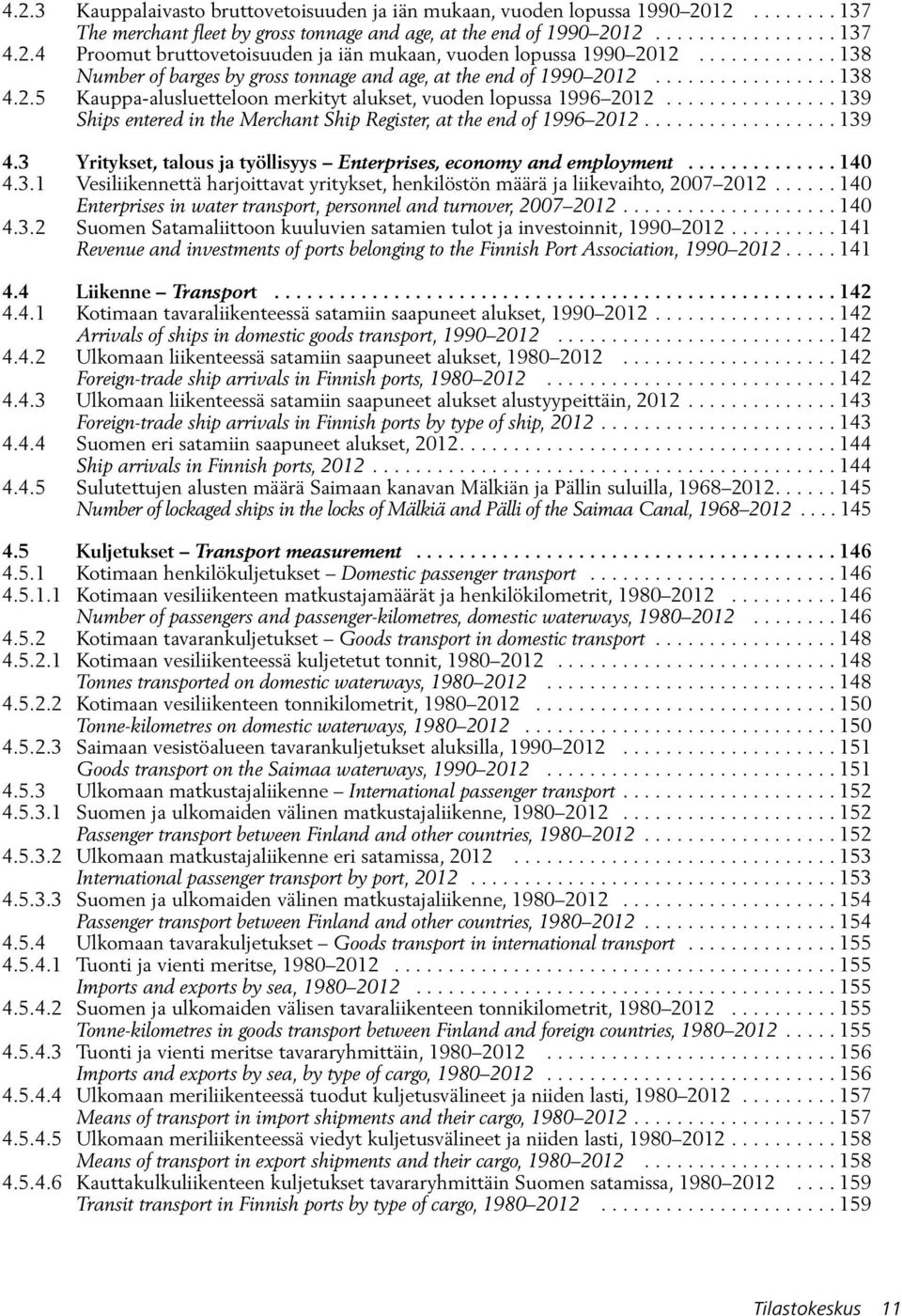 ..139 Ships entered in the Merchant Ship Register, at the end of 1996 2012....139 4.3 Yritykset, talous ja työllisyys Enterprises, economy and employment... 140 4.3.1 Vesiliikennettä harjoittavat yritykset, henkilöstön määrä ja liikevaihto, 2007 2012.