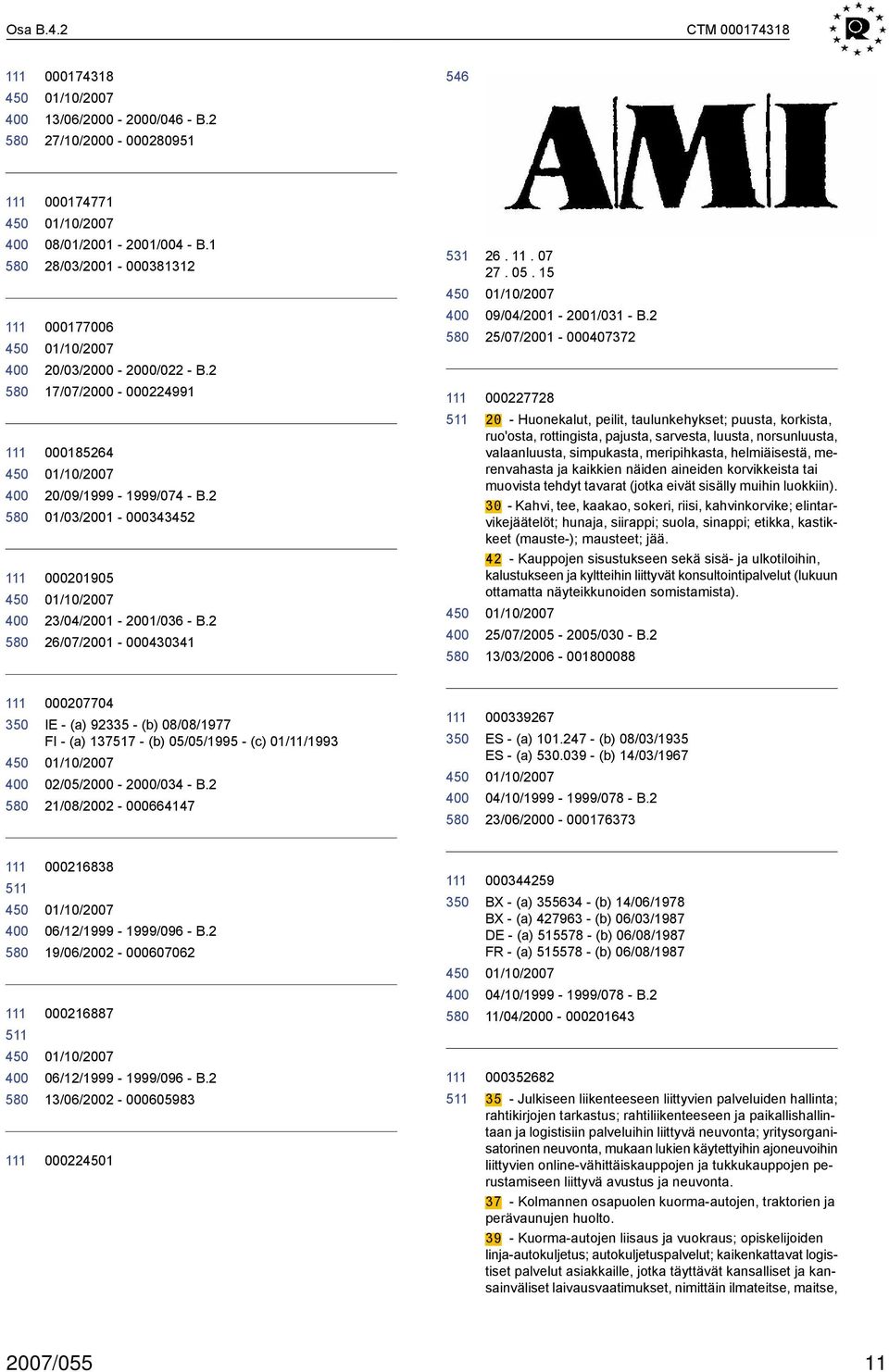 2 25/07/2001 000407372 000227728 20 Huonekalut, peilit, taulunkehykset; puusta, korkista, ruo'osta, rottingista, pajusta, sarvesta, luusta, norsunluusta, valaanluusta, simpukasta, meripihkasta,