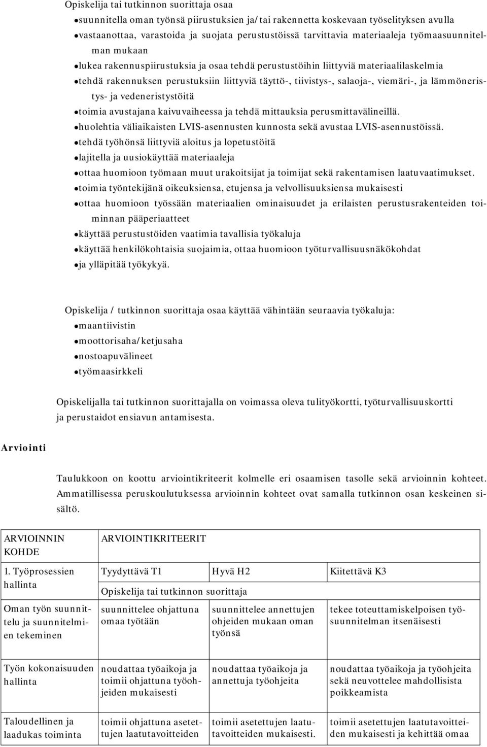 vedeneristystöitä toimia avustajana kaivuvaiheessa ja tehdä mittauksia perusmittavälineillä. huolehtia väliaikaisten LVIS-asennusten kunnosta sekä avustaa LVIS-asennustöissä.