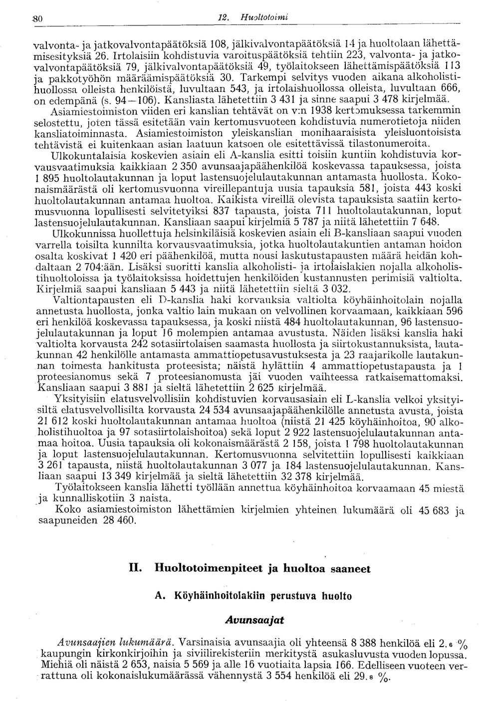 Tarkempi selvitys vuoden aikana alkoholistihuollossa olleista henkilöistä, luvultaan 543, ja irtolaishuollossa olleista, luvultaan 666, on edempänä (s. 94 06).
