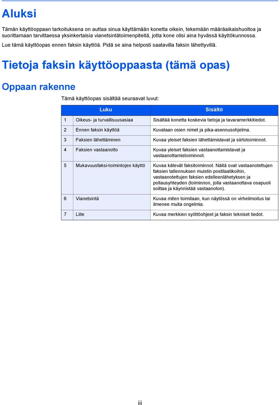 Tietoja faksin käyttöoppaasta (tämä opas) Oppaan rakenne Tämä käyttöopas sisältää seuraavat luvut: Luku Sisältö 1 Oikeus- ja turvallisuusasiaa Sisältää konetta koskevia tietoja ja tavaramerkkitiedot.