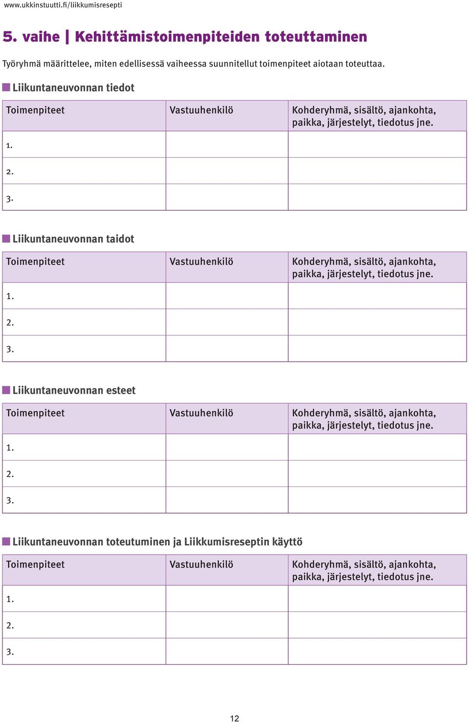 Liikuntaneuvonnan taidot Toimenpiteet Vastuuhenkilö Kohderyhmä, sisältö, ajankohta, paikka, järjestelyt, tiedotus jne.