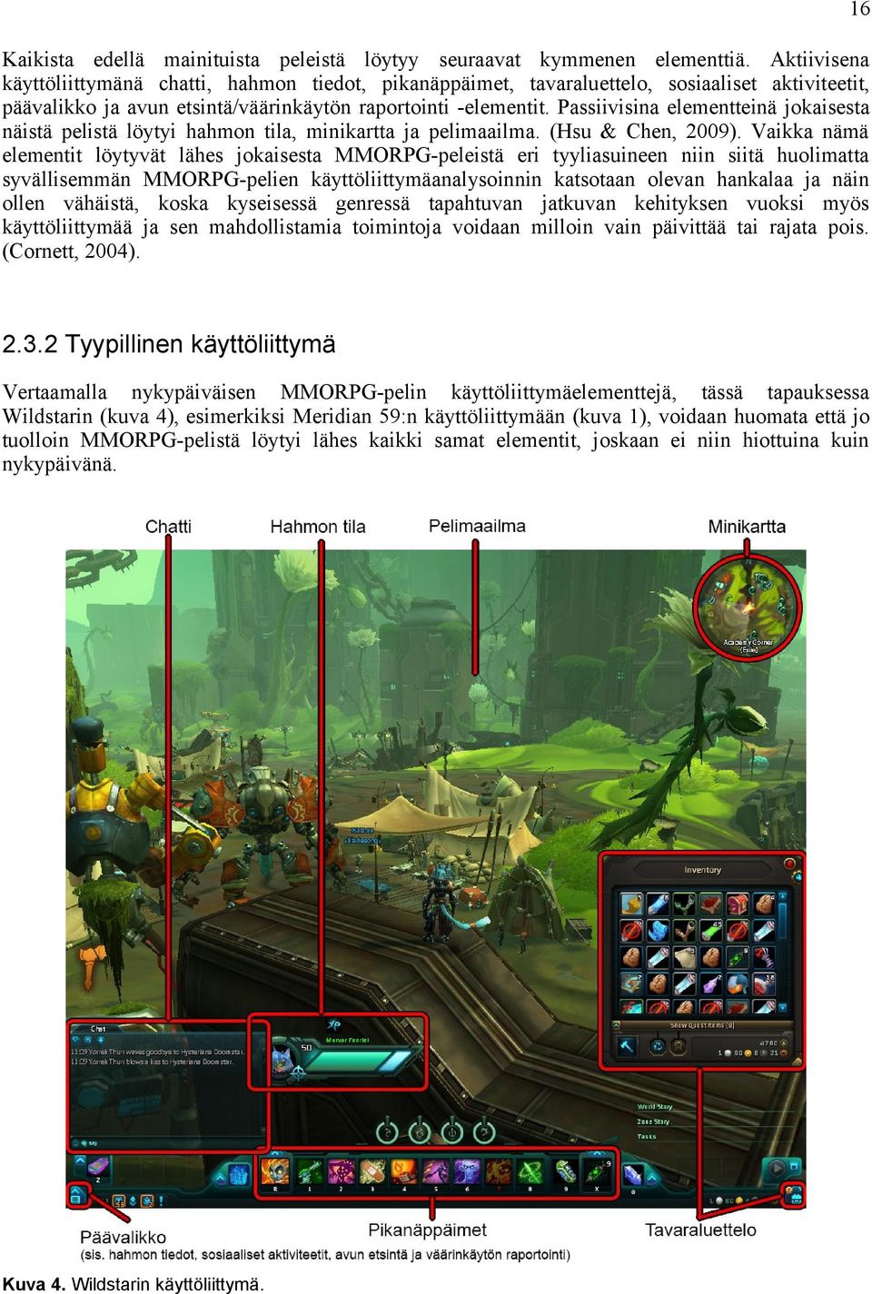 Passiivisina elementteinä jokaisesta näistä pelistä löytyi hahmon tila, minikartta ja pelimaailma. (Hsu & Chen, 2009).