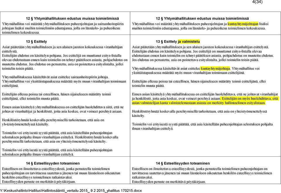 Esittelijän ehdotus on käsittelyn pohjana. Jos esittelijä on muuttanut esitys-listalla olevaa ehdotustaan ennen kuin toimielin on tehnyt päätöksen asiasta, pohjaehdotus on muutettu ehdotus.