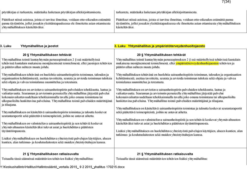 käsiteltäväksi. tarkasteta, määrä aika lasketaan pöytäkirjan allekirjoittamisesta.  käsiteltäväksi. 3. Luku Yhtymähallitus ja jaostot 3.