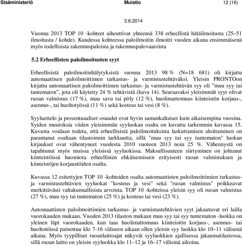 2 Erheellisten paloilmoitusten syyt Erheellisistä paloilmoitinhälytyksistä vuonna 2013 98 % (N=18 681) oli kirjattu automaattisen paloilmoittimen tarkastus- ja varmistustehtäväksi.