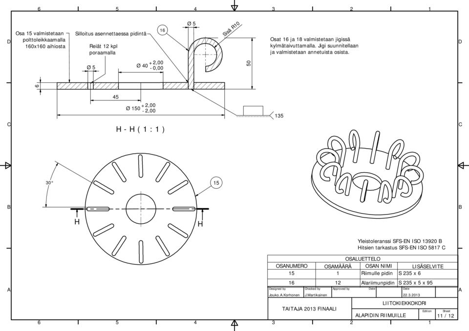 Ø Ø +,00 0-0,00 0 Ø +,00 0 -,00 H - H ( : ) 0 H H Yleistoleranssi SFS-EN ISO 90 Hitsien tarkastus SFS-EN ISO 87 OSNUMERO