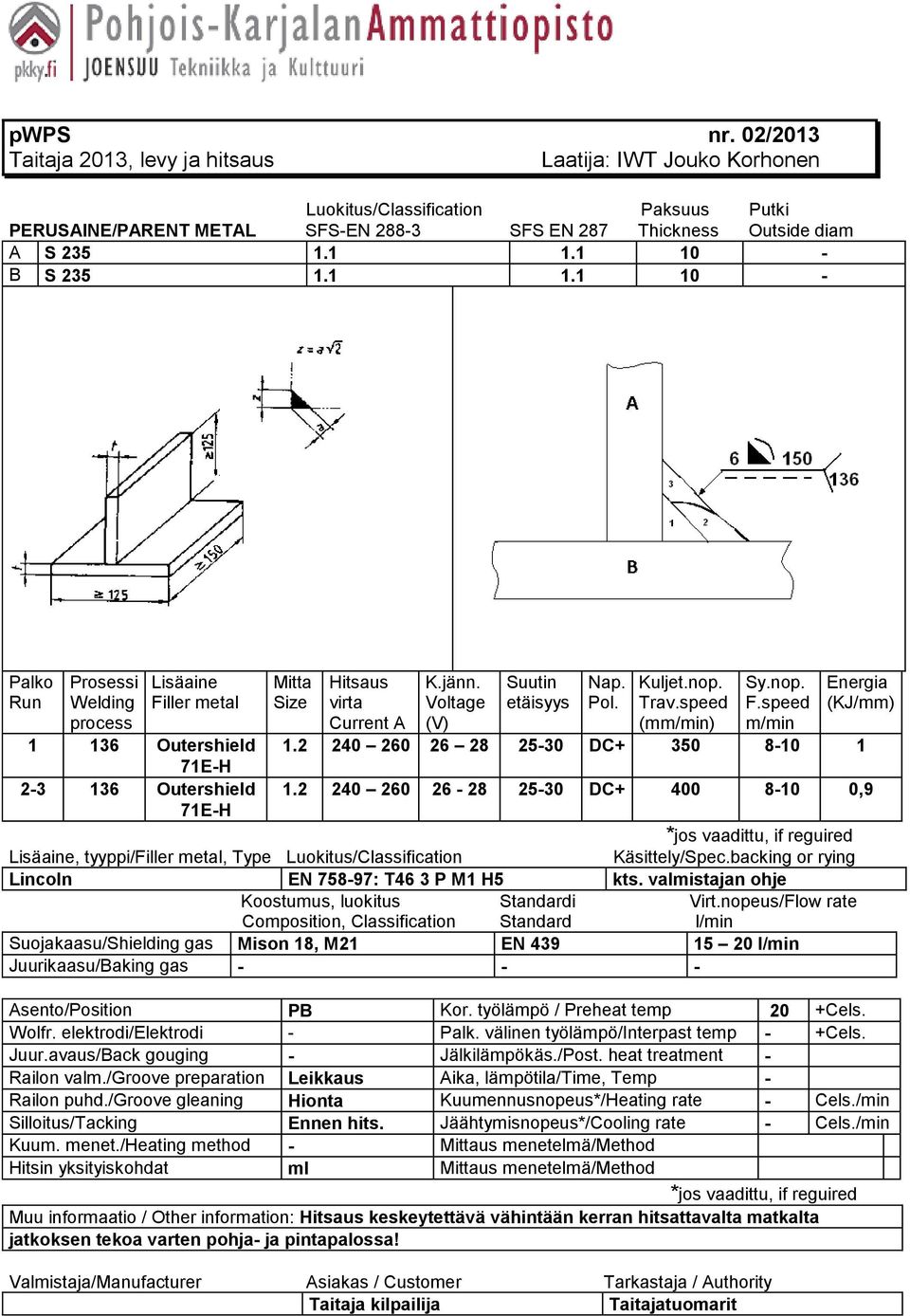 0 0 8-0 + 0 8-0 7E-H - Outershield. 0 0-8 -0 + 00 8-0 0,9 7E-H *jos vaadittu, if reguired Lisäaine, tyyppi/filler metal, Type Luokitus/lassification Käsittely/Spec.