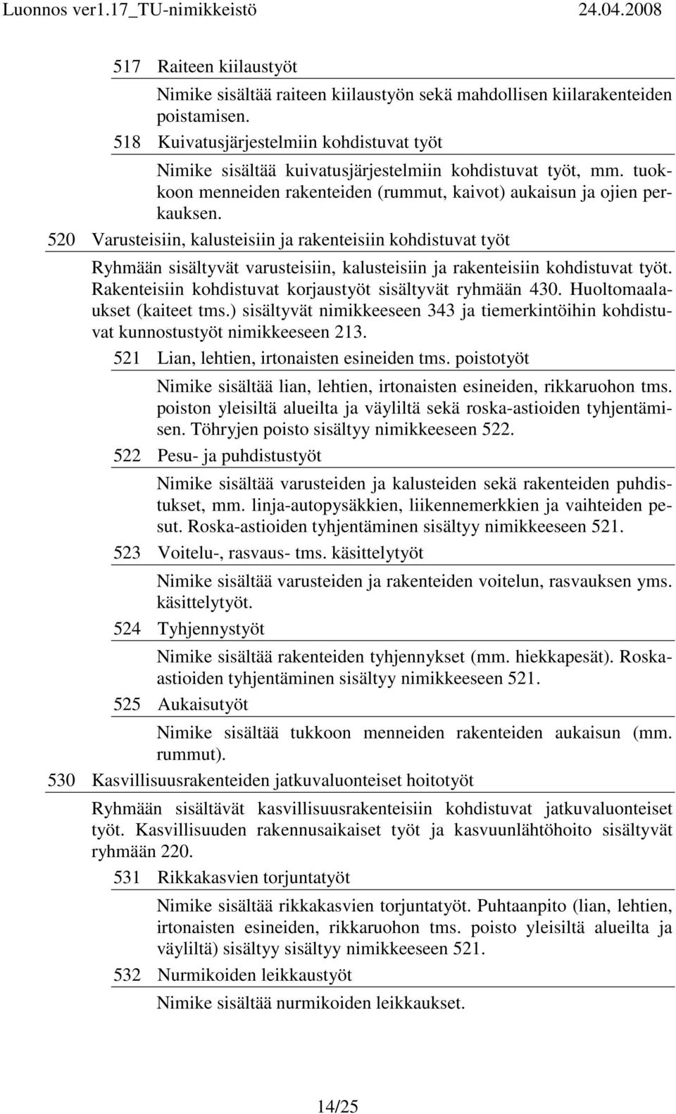 520 Varusteisiin, kalusteisiin ja rakenteisiin kohdistuvat työt Ryhmään sisältyvät varusteisiin, kalusteisiin ja rakenteisiin kohdistuvat työt.