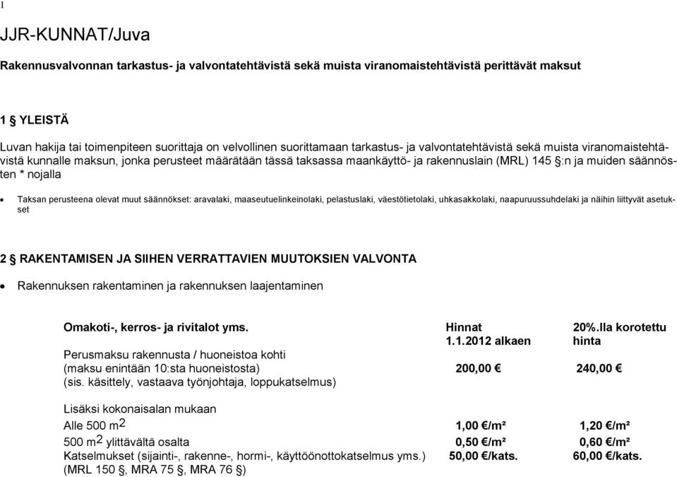 Taksan perusteena olevat muut säännökset: aravalaki, maaseutuelinkeinolaki, pelastuslaki, väestötietolaki, uh kasakkolaki, naapuruussuhdelaki ja näihin liittyvät asetukset 2 RAKENTAMISEN JA SIIHEN