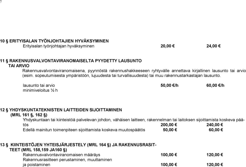 lausunto tai arvio 50,00 /h 60,00 /h minimiveloitus ½ h 12 YHDYSKUNTATEKNISTEN LAITTEIDEN SIJOITTAMINEN (MRL 161, 162 ) Yhdyskuntaan tai kiinteistöä palvelevan johdon, vähäisen laitteen, rakennel man