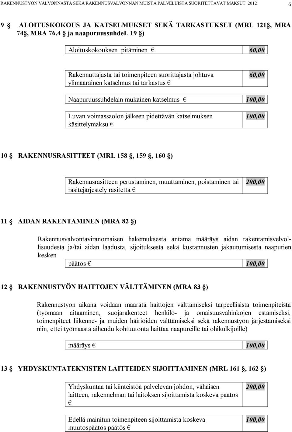 100,00 Luvan voimassaolon jälkeen pidettävän katselmuksen käsittelymaksu 100,00 10 RAKENNUSRASITTEET (MRL 158, 159, 160 ) Rakennusrasitteen perustaminen, muuttaminen, poistaminen tai rasitejärjestely