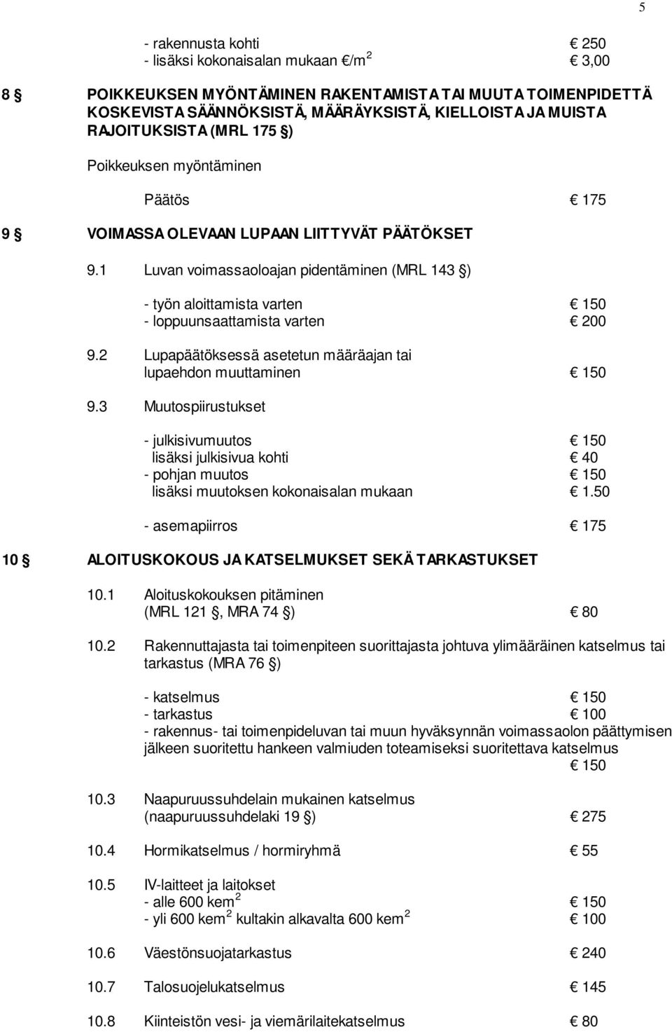 1 Luvan voimassaoloajan pidentäminen (MRL 143 ) - työn aloittamista varten 150 - loppuunsaattamista varten 200 9.2 Lupapäätöksessä asetetun määräajan tai lupaehdon muuttaminen 150 9.