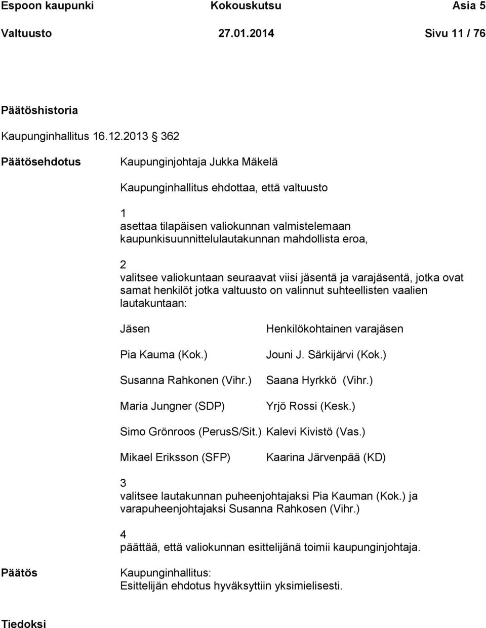 valitsee valiokuntaan seuraavat viisi jäsentä ja varajäsentä, jotka ovat samat henkilöt jotka valtuusto on valinnut suhteellisten vaalien lautakuntaan: Jäsen Pia Kauma (Kok.) Susanna Rahkonen (Vihr.