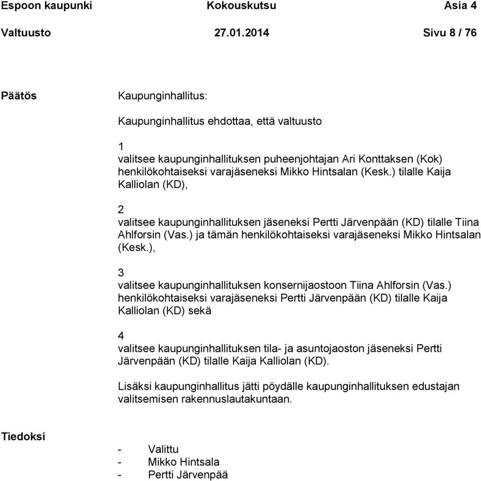 Hintsalan (Kesk.) tilalle Kaija Kalliolan (KD), 2 valitsee kaupunginhallituksen jäseneksi Pertti Järvenpään (KD) tilalle Tiina Ahlforsin (Vas.