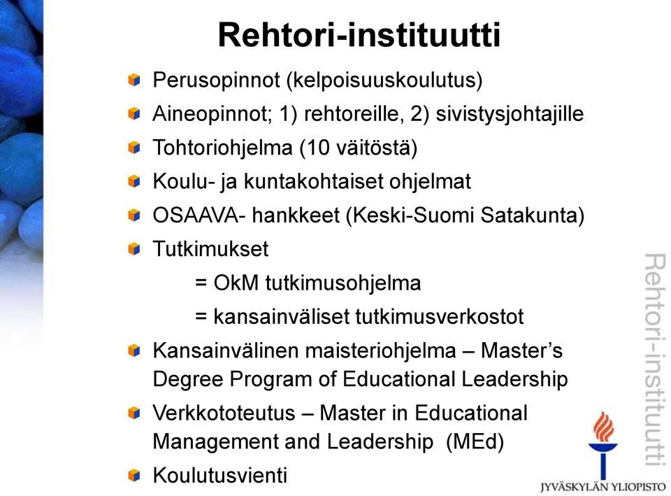 Tutkimukset = OkM tutkimusohjelma = kansainväliset tutkimusverkostot Kansainvälinen maisteriohjelma Master s