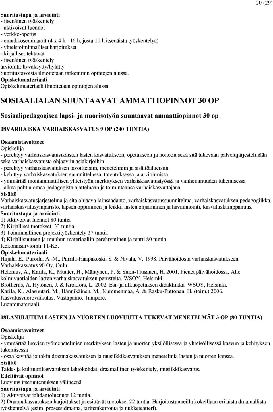 SOSIAALIALAN SUUNTAAVAT AMMATTIOPINNOT 30 OP Sosiaalipedagogisen lapsi- ja nuorisotyön suuntaavat ammattiopinnot 30 op 08VARHAISKA VARHAISKASVATUS 9 OP (240 TUNTIA) - perehtyy varhaiskasvatusikäisten