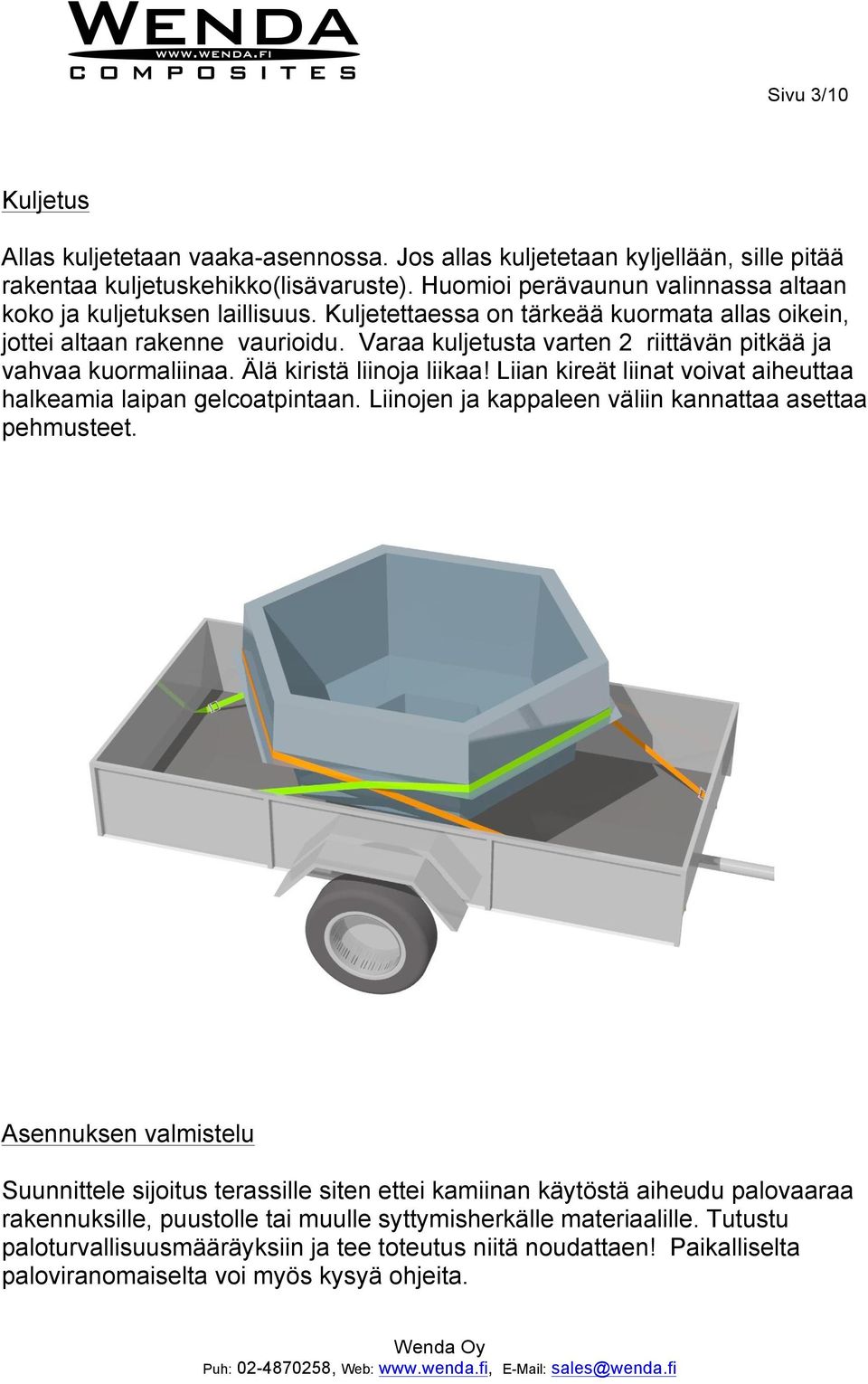 Varaa kuljetusta varten 2 riittävän pitkää ja vahvaa kuormaliinaa. Älä kiristä liinoja liikaa! Liian kireät liinat voivat aiheuttaa halkeamia laipan gelcoatpintaan.