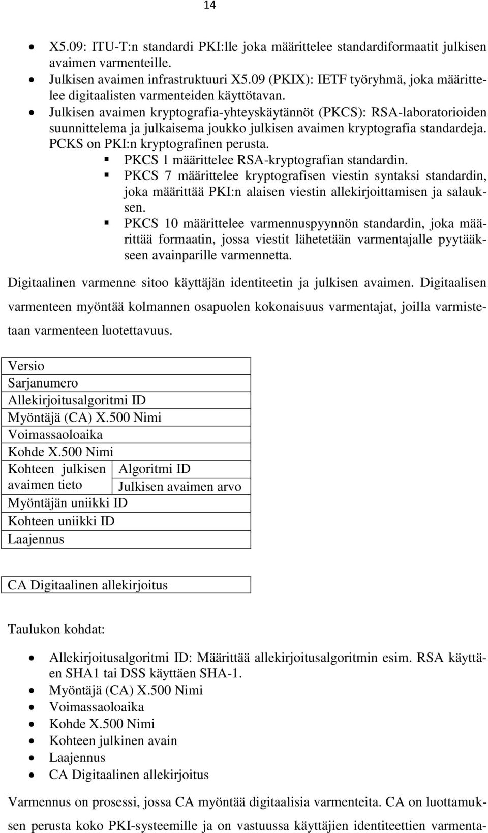 Julkisen avaimen kryptografia-yhteyskäytännöt (PKCS): RSA-laboratorioiden suunnittelema ja julkaisema joukko julkisen avaimen kryptografia standardeja. PCKS on PKI:n kryptografinen perusta.