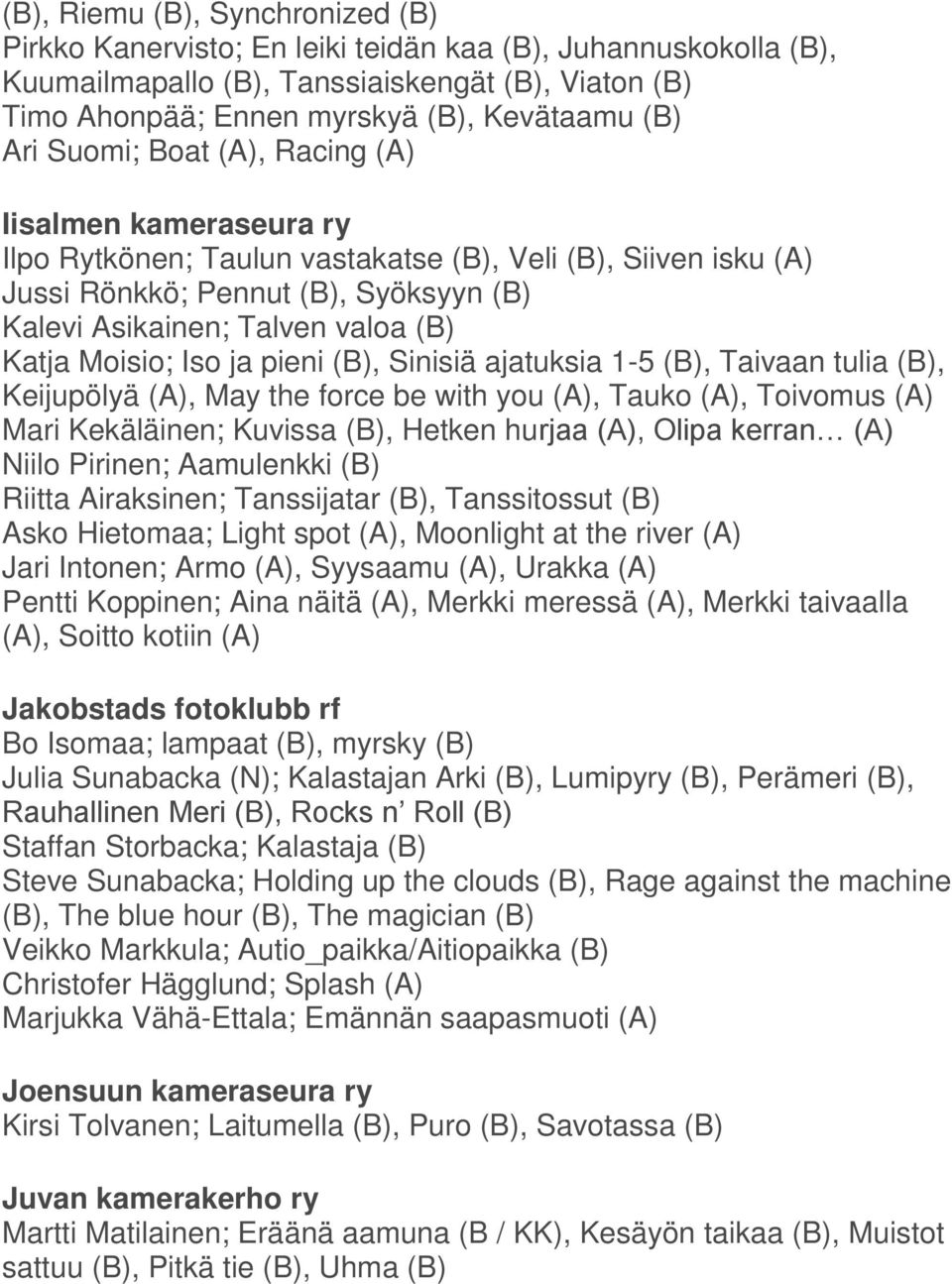 Moisio; Iso ja pieni (B), Sinisiä ajatuksia 1-5 (B), Taivaan tulia (B), Keijupölyä (A), May the force be with you (A), Tauko (A), Toivomus (A) Mari Kekäläinen; Kuvissa (B), Hetken hurjaa (A), Olipa