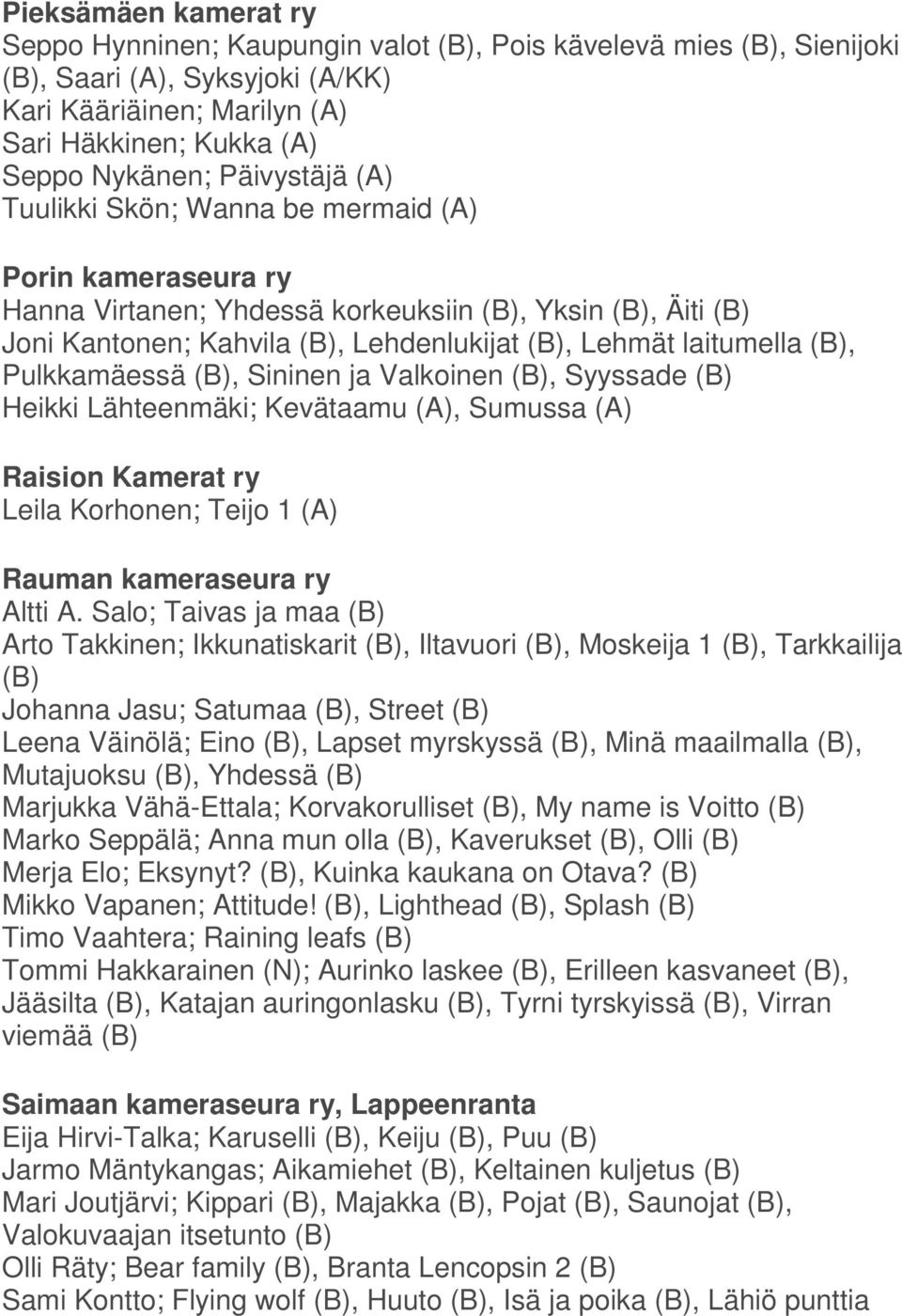 (B), Pulkkamäessä (B), Sininen ja Valkoinen (B), Syyssade (B) Heikki Lähteenmäki; Kevätaamu (A), Sumussa (A) Raision Kamerat ry Leila Korhonen; Teijo 1 (A) Rauman kameraseura ry Altti A.