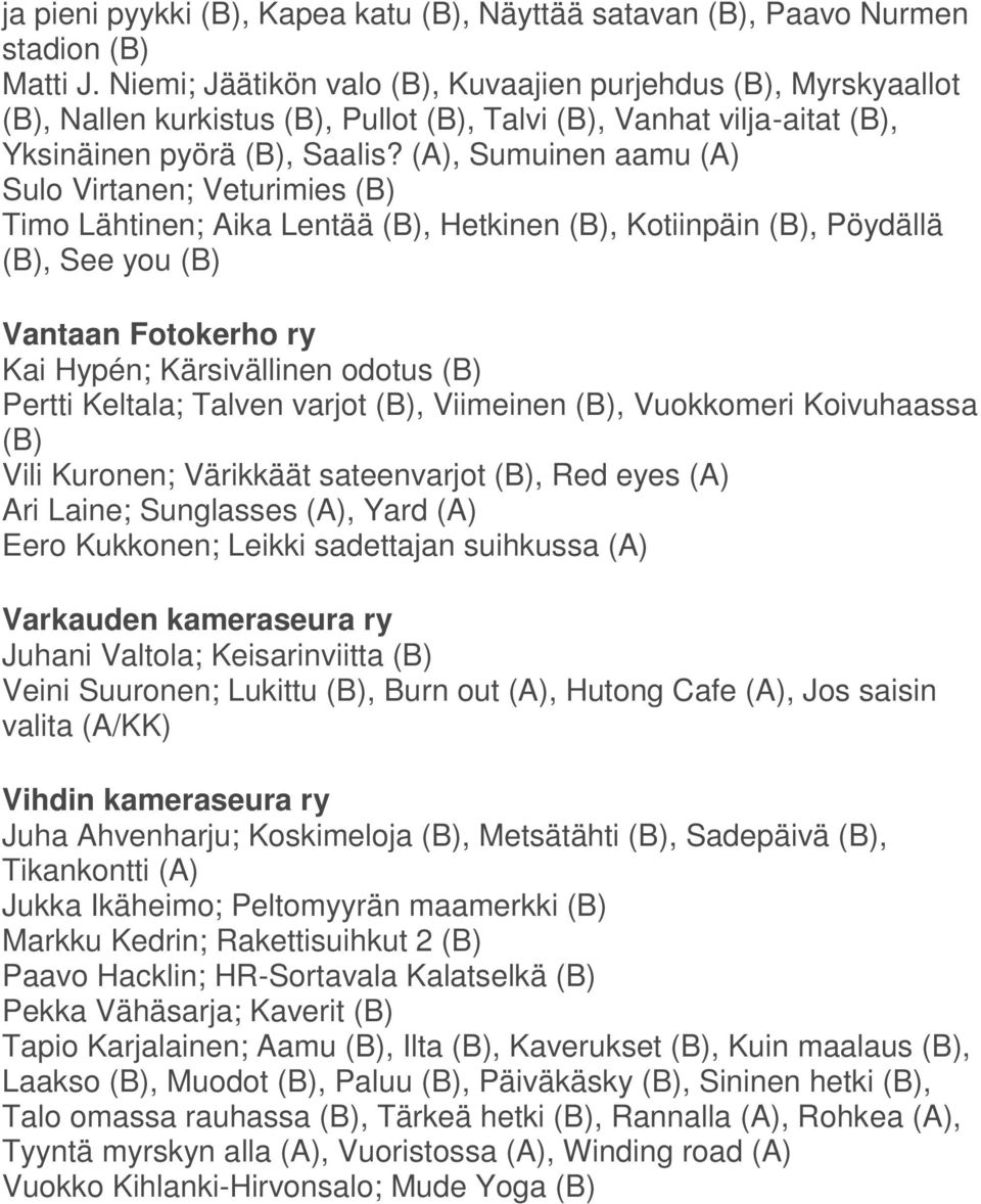(A), Sumuinen aamu (A) Sulo Virtanen; Veturimies (B) Timo Lähtinen; Aika Lentää (B), Hetkinen (B), Kotiinpäin (B), Pöydällä (B), See you (B) Vantaan Fotokerho ry Kai Hypén; Kärsivällinen odotus (B)