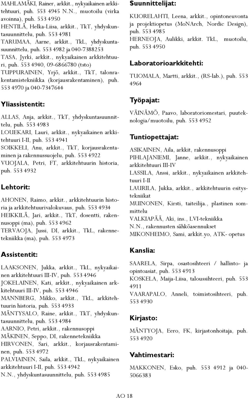 , TkT, talonrakentamistekniikka (korjausrakentaminen), puh. 553 4970 ja 040-7347644 Yliassistentit: ALLAS, Anja, arkkit., TkT, yhdyskuntasuunnittelu, puh. 553 4983 LOUEKARI, Lauri, arkkit.