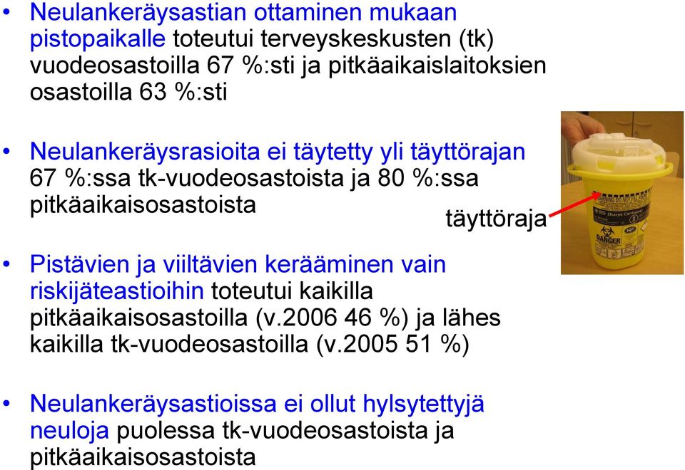 täyttöraja Pistävien ja viiltävien kerääminen vain riskijäteastioihin toteutui kaikilla pitkäaikaisosastoilla (v.