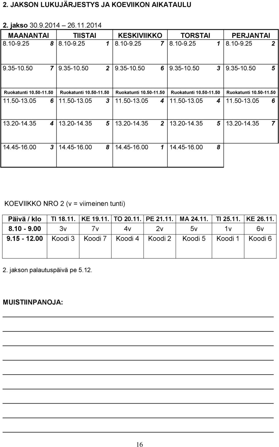50-13.05 4 11.50-13.05 4 11.50-13.05 6 13.20-14.35 4 13.20-14.35 5 13.20-14.35 2 13.20-14.35 5 13.20-14.35 7 14.45-16.00 3 14.45-16.00 8 14.45-16.00 1 14.45-16.00 8 KOEVIIKKO NRO 2 (v = viimeinen tunti) Päivä / klo TI 18.