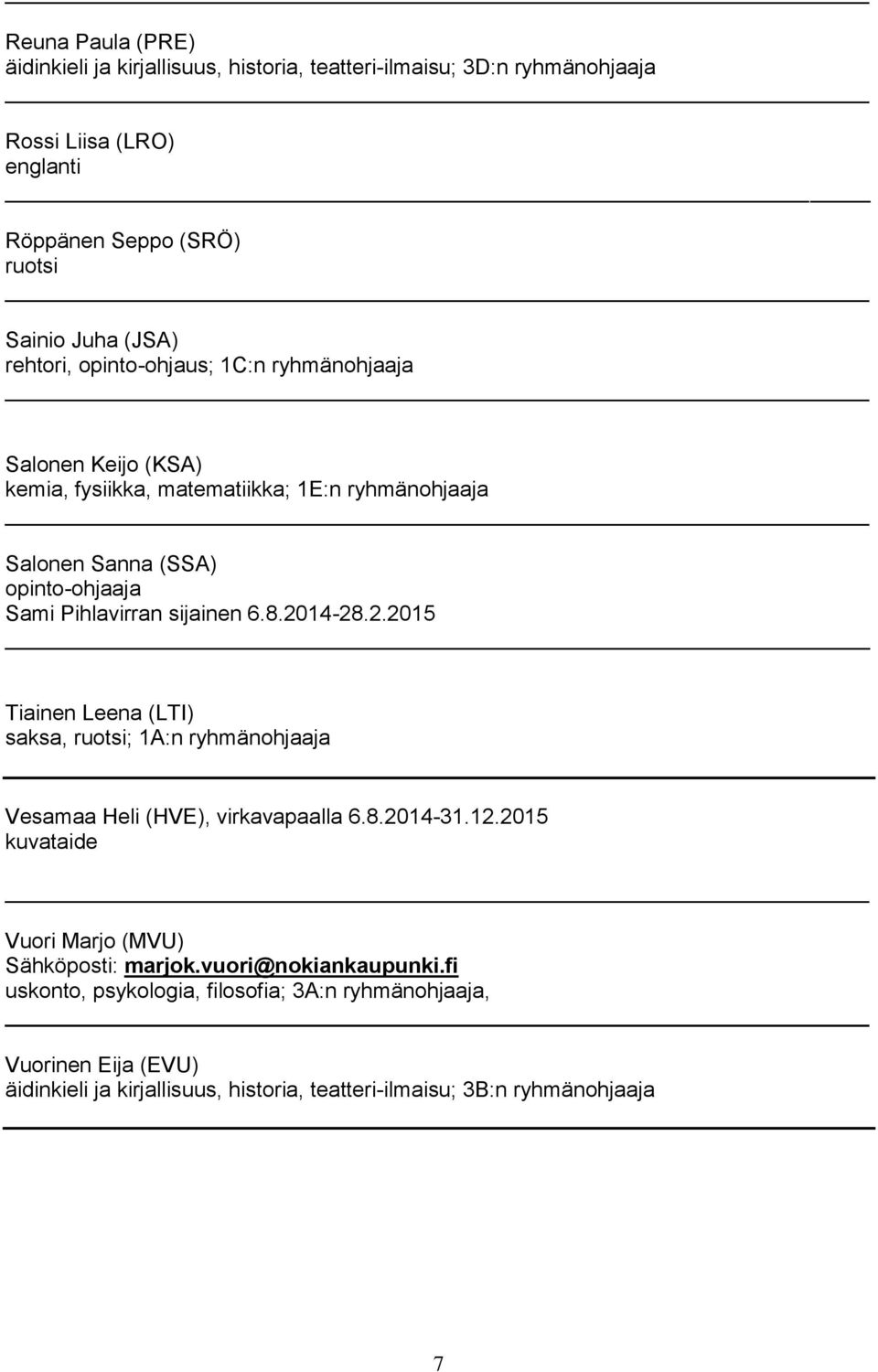 sijainen 6.8.2014-28.2.2015 Tiainen Leena (LTI) saksa, ruotsi; 1A:n ryhmänohjaaja Vesamaa Heli (HVE), virkavapaalla 6.8.2014-31.12.