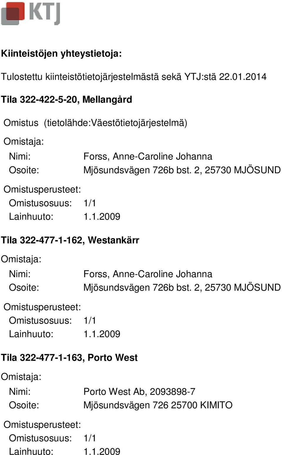 2, 25730 MJÖSUND Omistusperusteet: Omistusosuus: 1/1 Lainhuuto: 1.1.2009 Tila 322-477-1-162, Westankärr Omistaja: Nimi: Osoite: Forss, Anne-Caroline Johanna Mjösundsvägen 726b bst.
