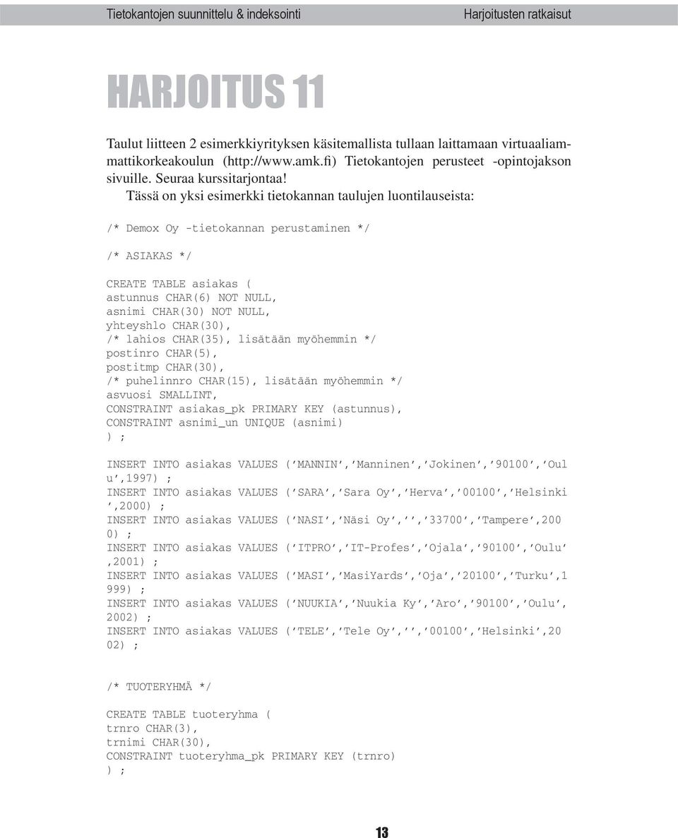 Tässä on yksi esimerkki tietokannan taulujen luontilauseista: /* Demox Oy -tietokannan perustaminen */ /* ASIAKAS */ CREATE TABLE asiakas ( astunnus CHAR(6) NOT NULL, asnimi CHAR(30) NOT NULL,