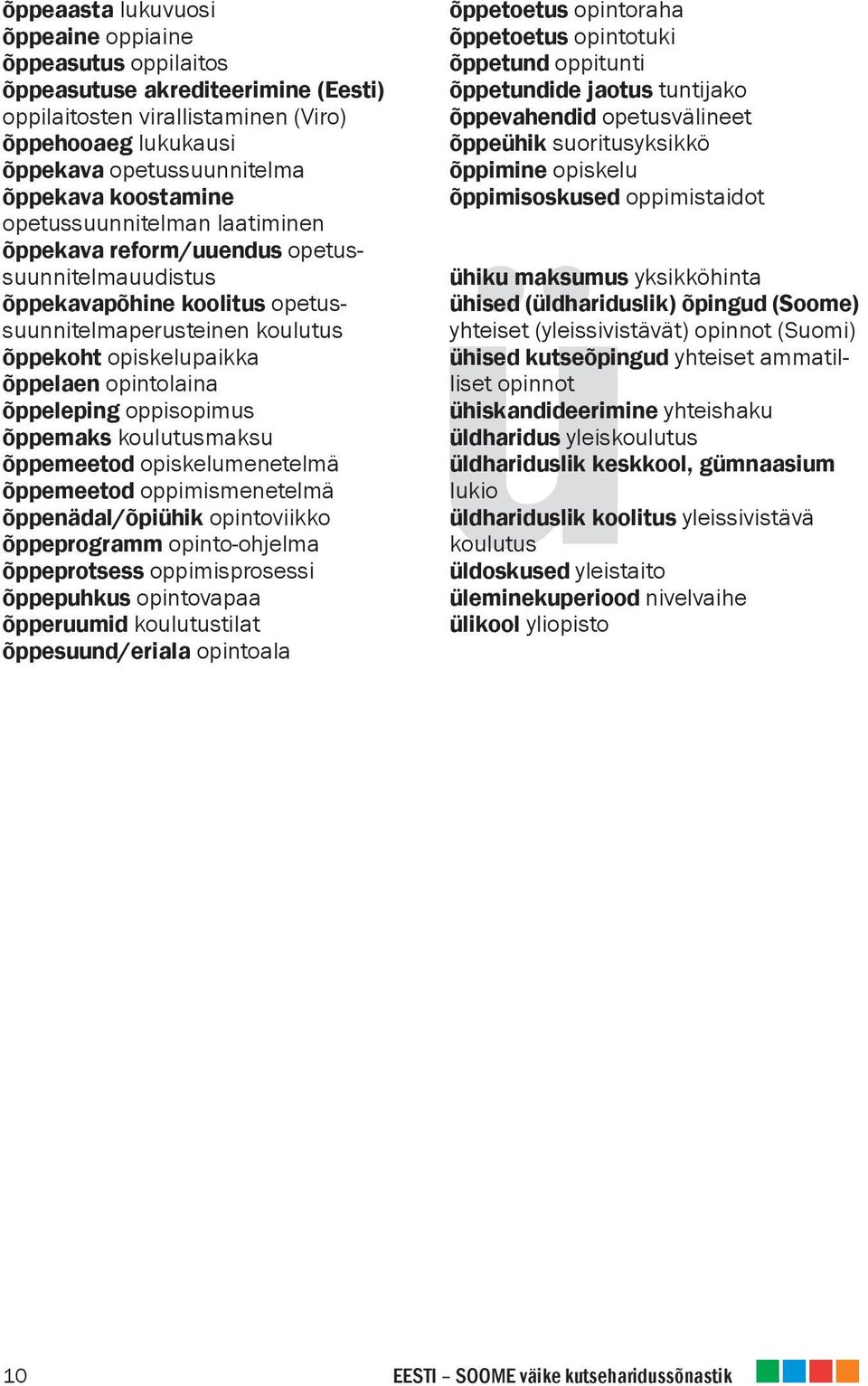 õppeleping oppisopimus õppemaks koulutusmaksu õppemeetod opiskelumenetelmä õppemeetod oppimismenetelmä õppenädal/õpiühik opintoviikko õppeprogramm opinto-ohjelma õppeprotsess oppimisprosessi