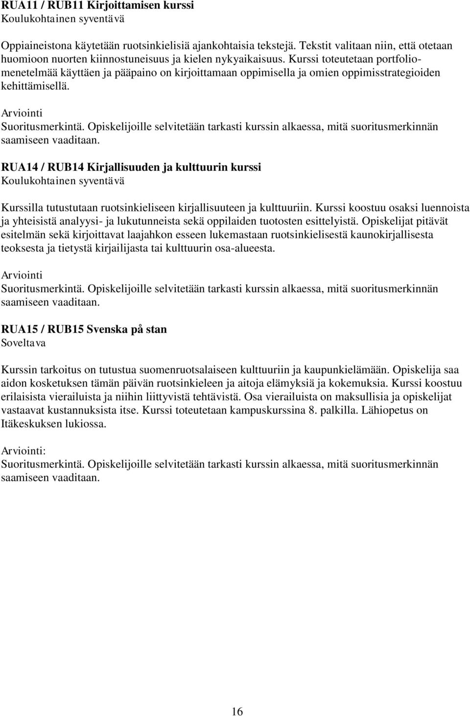 Kurssi toteutetaan portfoliomenetelmää käyttäen ja pääpaino on kirjoittamaan oppimisella ja omien oppimisstrategioiden kehittämisellä. Suoritusmerkintä.