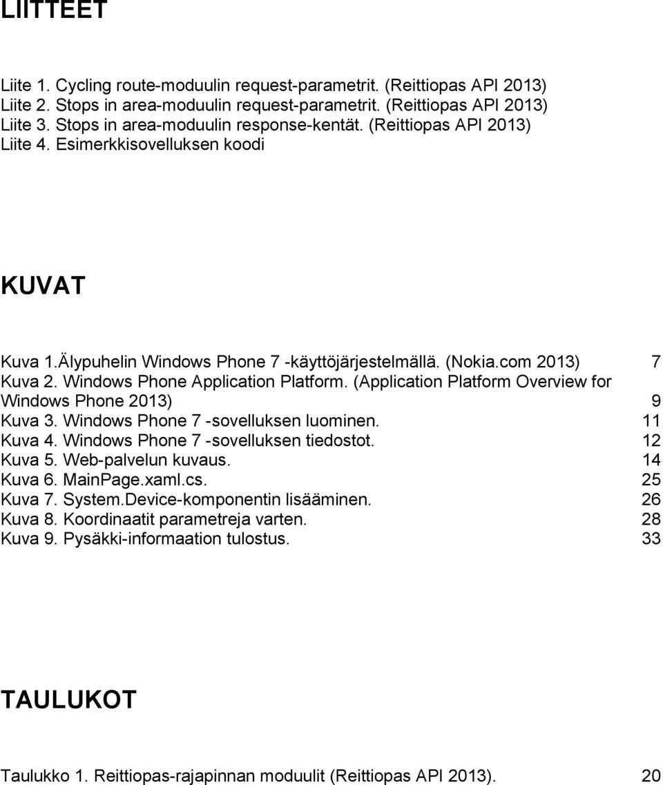 Windows Phone Application Platform. (Application Platform Overview for Windows Phone 2013) 9 Kuva 3. Windows Phone 7 -sovelluksen luominen. 11 Kuva 4. Windows Phone 7 -sovelluksen tiedostot.