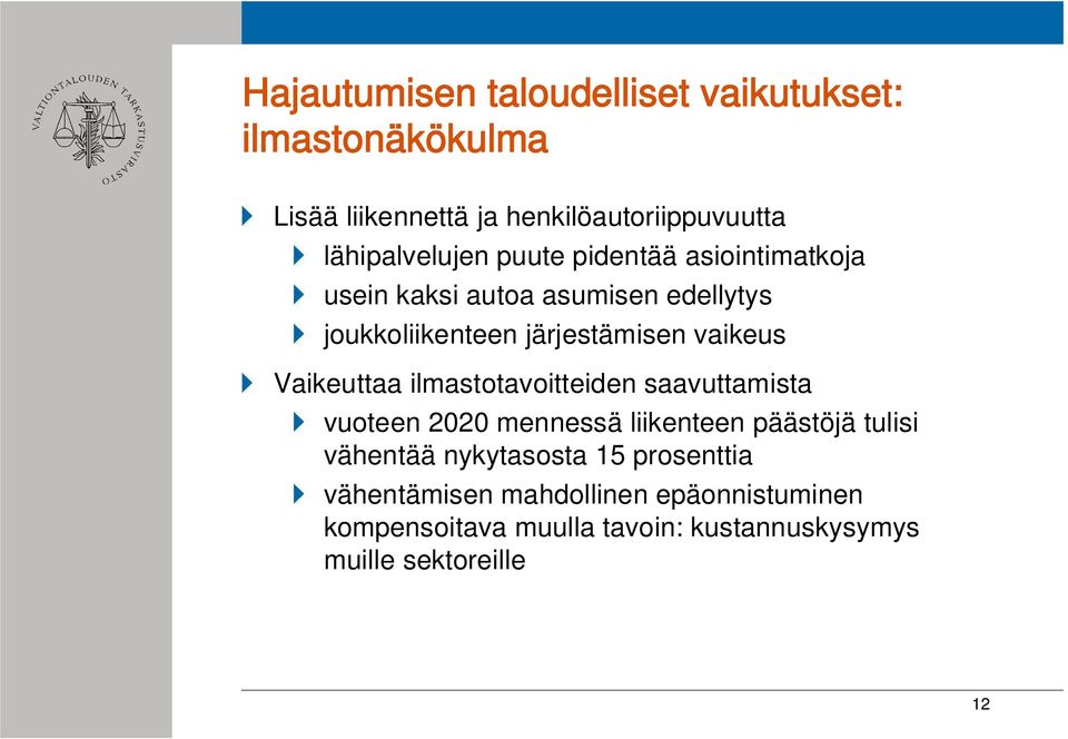 vaikeus Vaikeuttaa ilmastotavoitteiden saavuttamista vuoteen 2020 mennessä liikenteen päästöjä tulisi vähentää