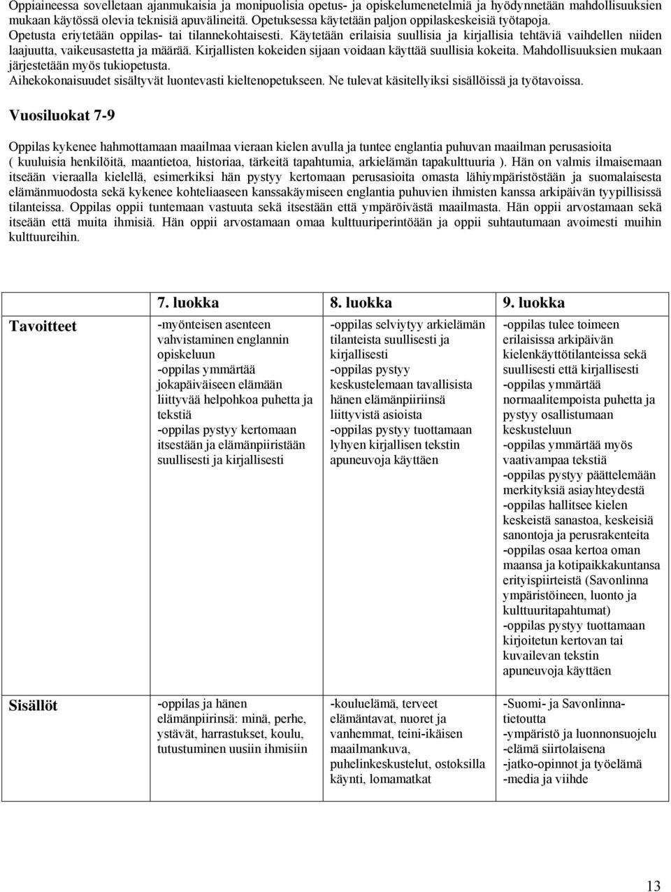 Käytetään erilaisia suullisia ja kirjallisia tehtäviä vaihdellen niiden laajuutta, vaikeusastetta ja määrää. Kirjallisten kokeiden sijaan voidaan käyttää suullisia kokeita.