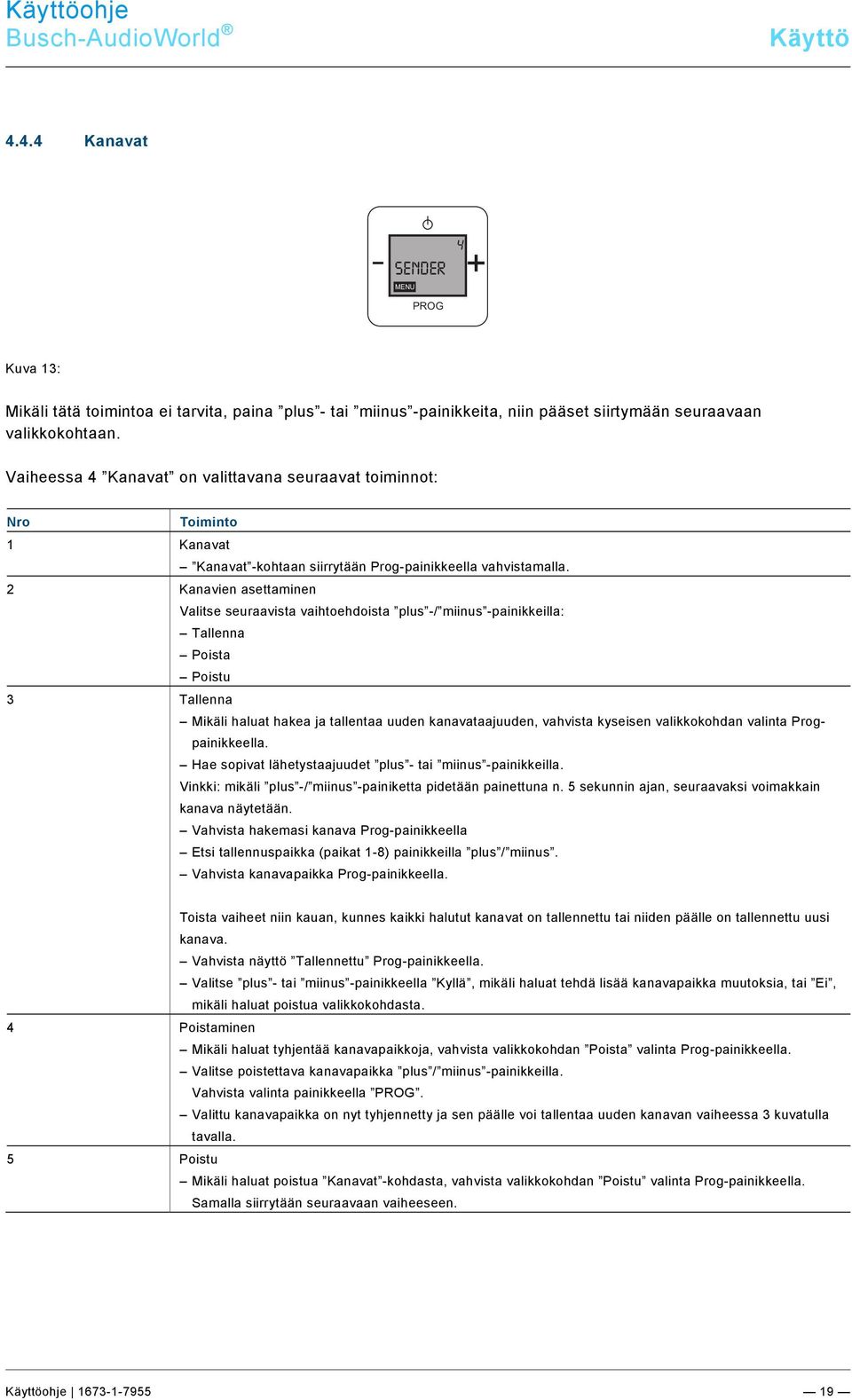 docx @ 184562 @ @ 1 Pos: 55 /#Neustruktur#/Online-Dokumentation (+KNX)/Überschriften (--> Für alle Dokumente <--)/3. Ebene/S - T/Sender @ 22\mod_1331558351287_174011.docx @ 202902 @ 3 @ 1 4.4.4 Kanavat Sender MENU 4 Kuva 13: Mikäli tätä toimintoa ei tarvita, paina plus - tai miinus -painikkeita, niin pääset siirtymään seuraavaan valikkokohtaan.