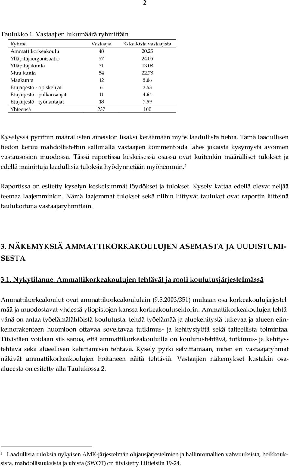 59 Yhteensä 237 100 Kyselyssä pyrittiin määrällisten aineiston lisäksi keräämään myös laadullista tietoa.