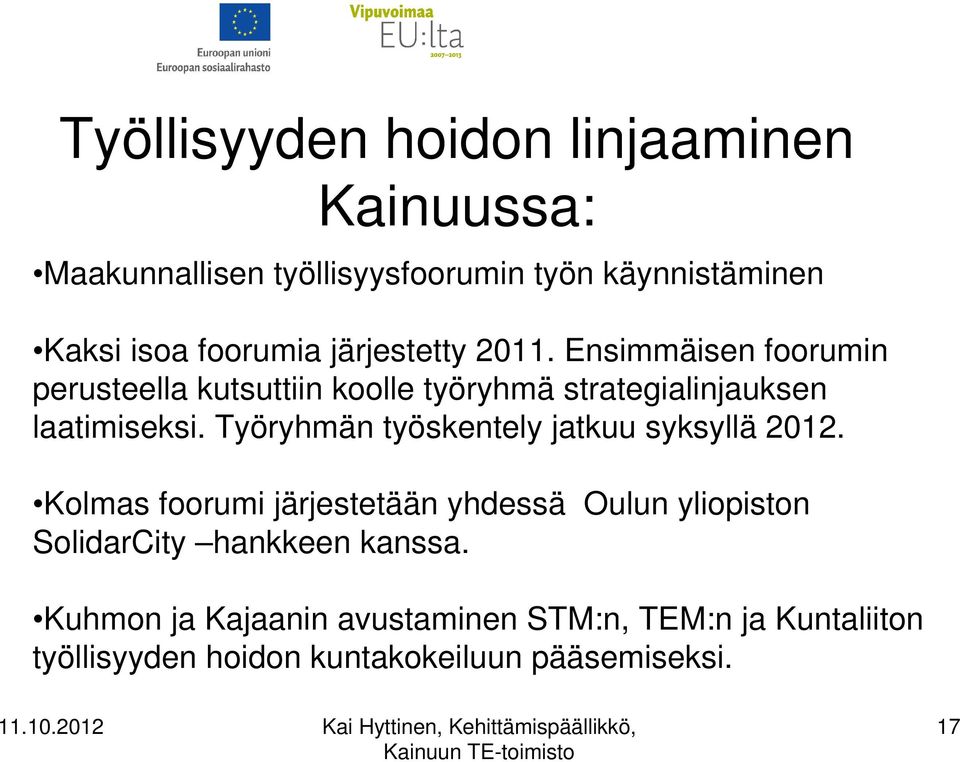 Työryhmän työskentely jatkuu syksyllä 2012.