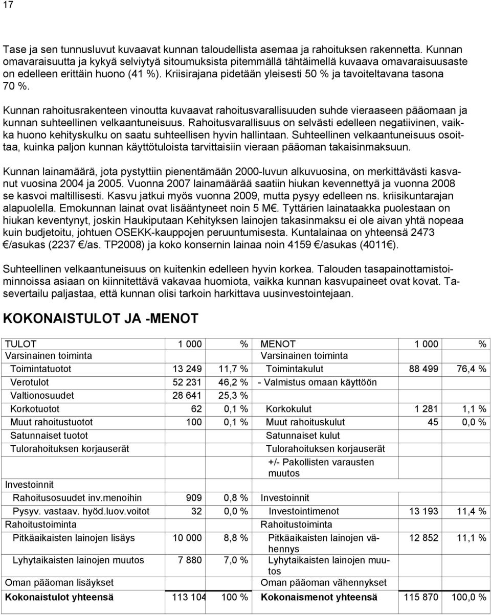 Kriisirajana pidetään yleisesti 50 % ja tavoiteltavana tasona 70 %. Kunnan rahoitusrakenteen vinoutta kuvaavat rahoitusvarallisuuden suhde vieraaseen pääomaan ja kunnan suhteellinen velkaantuneisuus.