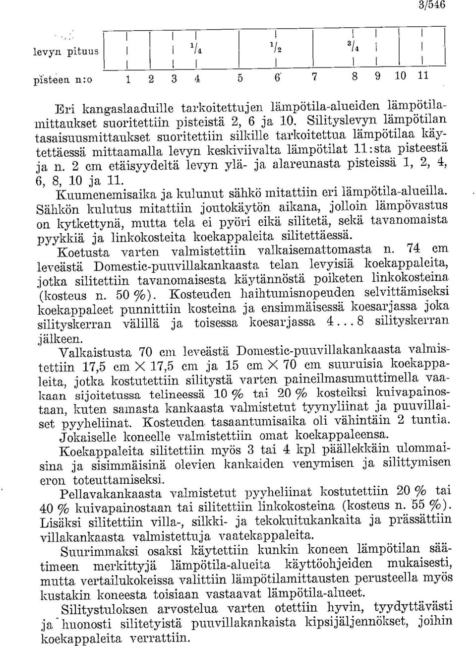 2 cm etäisyydeltä levyn ylä- ja alareunasta pisteissä 1, 2, 4, 6, 8, 10 ja 11. Kuumenemisaika ja kulunut sähkö mitattiin eri lämpötila-alueilla.