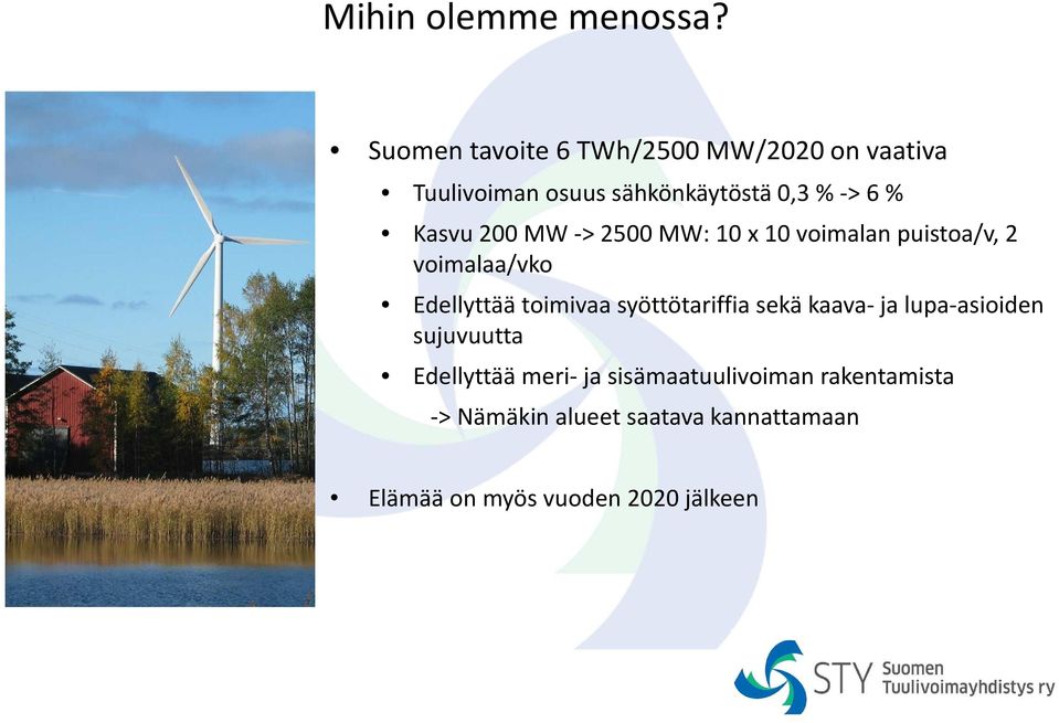 Kasvu 200 MW -> 2500 MW: 10 x 10 voimalan puistoa/v, 2 voimalaa/vko Edellyttää toimivaa