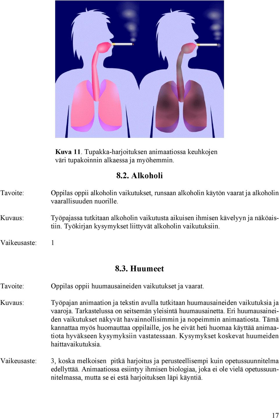 Työkirjan kysymykset liittyvät alkoholin vaikutuksiin. Vaikeusaste: 1 8.3. Huumeet Vaikeusaste: Oppilas oppii huumausaineiden vaikutukset ja vaarat.