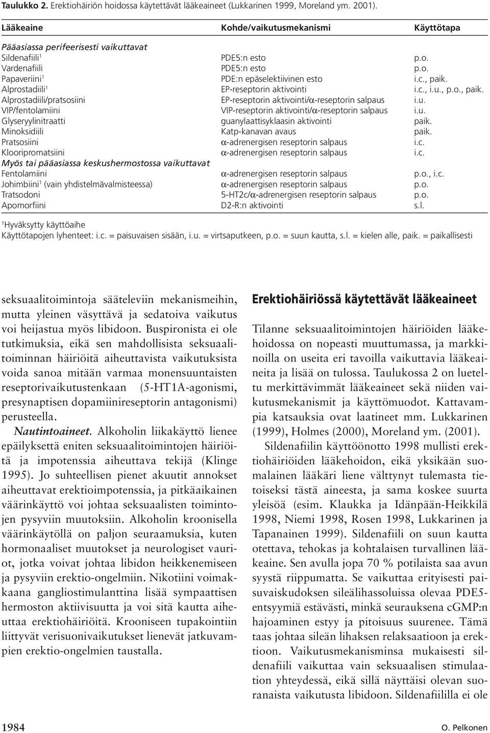 Alprostadiili 1 EP-reseptorin aktivointi i.c., i.u., p.o., paik. Alprostadiili/pratsosiini EP-reseptorin aktivointi/α-reseptorin salpaus i.u. VIP/fentolamiini VIP-reseptorin aktivointi/α-reseptorin salpaus i.