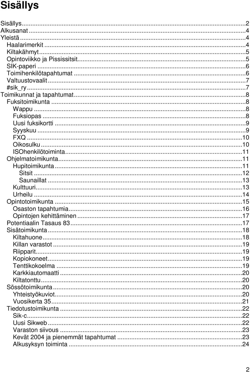 ..11 Sitsit...12 Saunaillat...13 Kulttuuri...13 Urheilu...14 Opintotoimikunta...15 Osaston tapahtumia...16 Opintojen kehittäminen...17 Potentiaalin Tasaus 83...17 Sisätoimikunta...18 Kiltahuone.